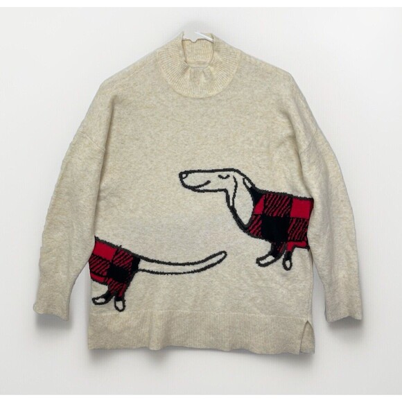 Loft Sweaters - Loft Dachshund Wraparound Pullover L Red Plaid Novelty Wiener Dog Holiday